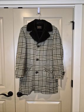 Sir Pendleton VTG 1950s Wool Car Coat Houndstooth Plaid Faux Fur Lined Mens
